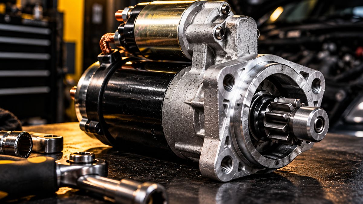 Motor de partida automotivo sobre bancada de oficina, com pinhão e solenoide em destaque
